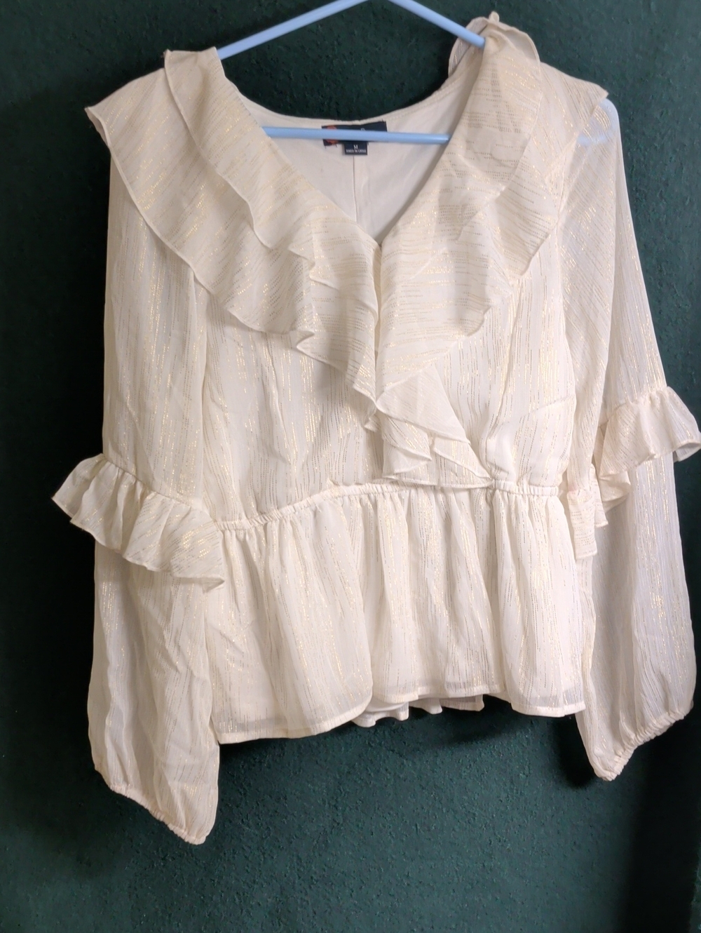 Cream Ruffle V-Neck Blouse with Subtle Metallic Stripes
